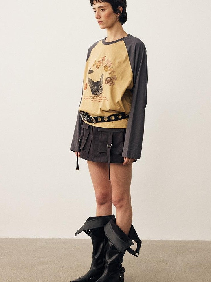 DIDDI MODA Cat Print Contrast Raglan Sleeve Cotton Women&