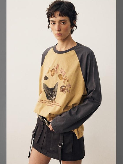 DIDDI MODA Cat Print Contrast Raglan Sleeve Cotton Women&