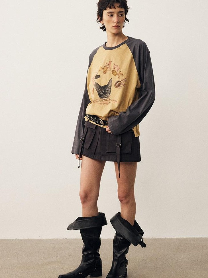 DIDDI MODA Cat Print Contrast Raglan Sleeve Cotton Women&