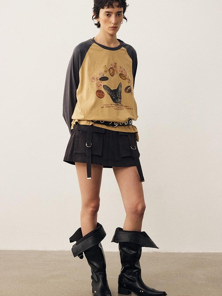 DIDDI MODA Cat Print Contrast Raglan Sleeve Cotton Women&