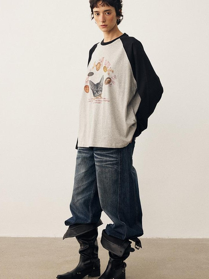 DIDDI MODA Cat Print Contrast Raglan Sleeve Cotton Women&