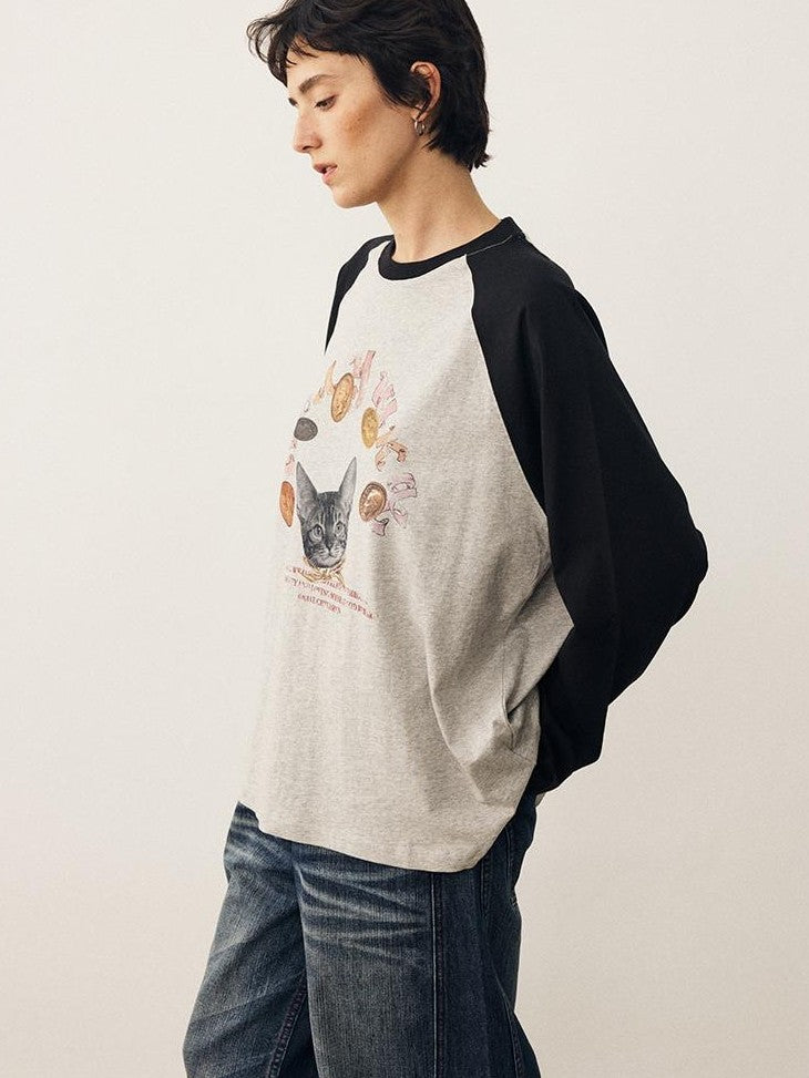 DIDDI MODA Cat Print Contrast Raglan Sleeve Cotton Women&