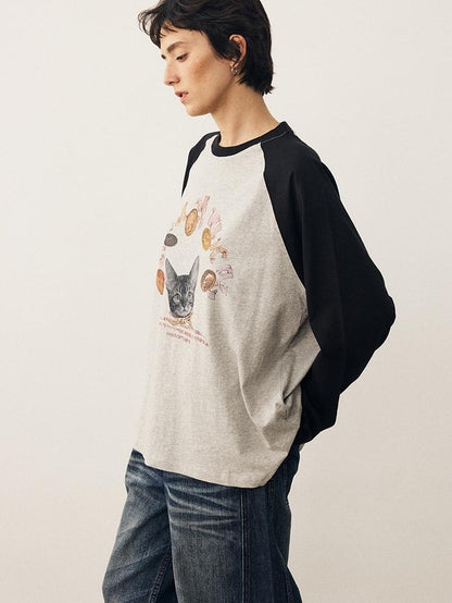 DIDDI MODA Cat Print Contrast Raglan Sleeve Cotton Women&