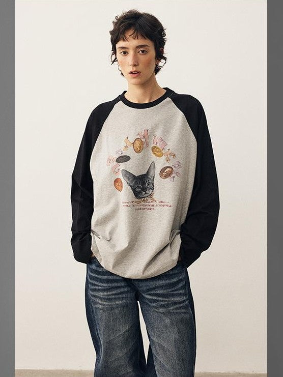 DIDDI MODA Cat Print Contrast Raglan Sleeve Cotton Women&