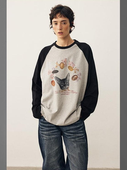 DIDDI MODA Cat Print Contrast Raglan Sleeve Cotton Women&