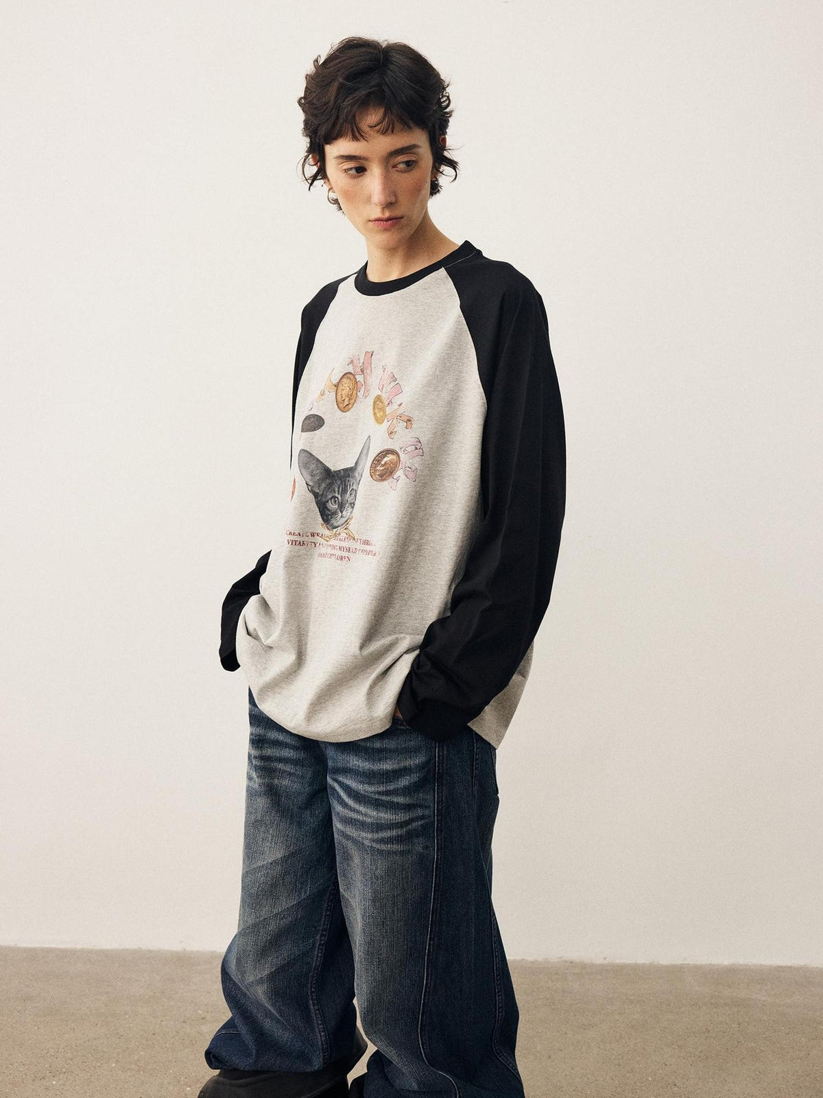 DIDDI MODA Cat Print Contrast Raglan Sleeve Cotton Women&