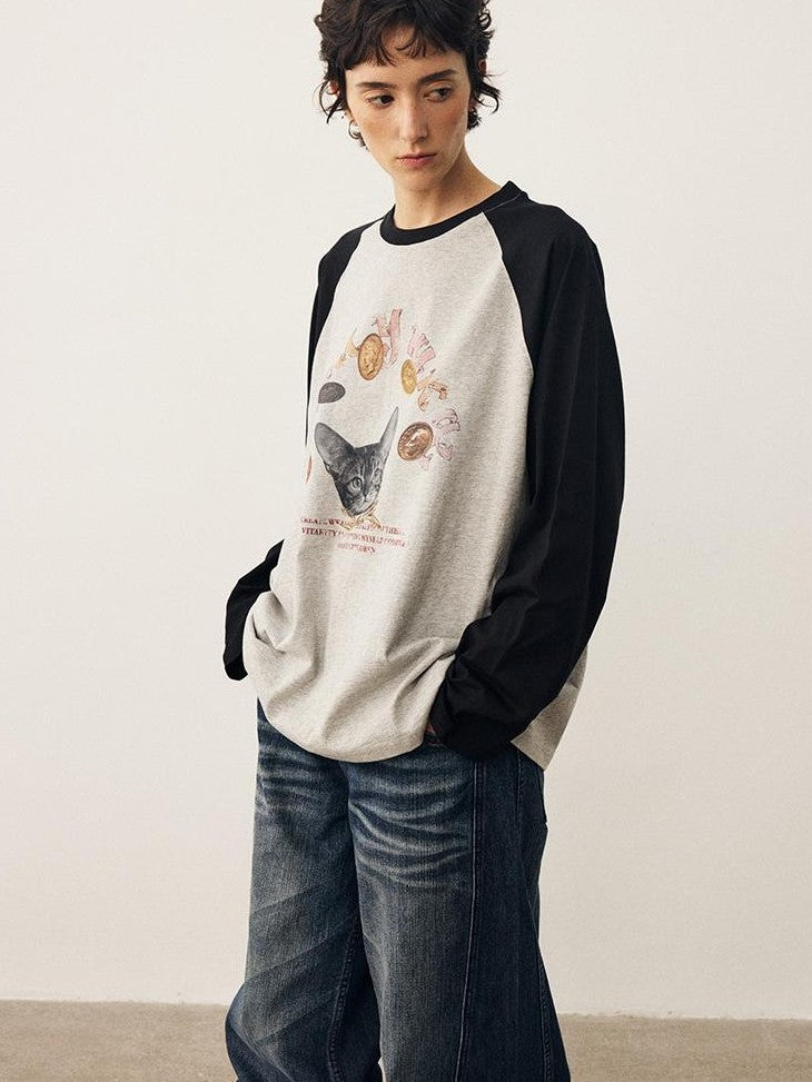DIDDI MODA Cat Print Contrast Raglan Sleeve Cotton Women&