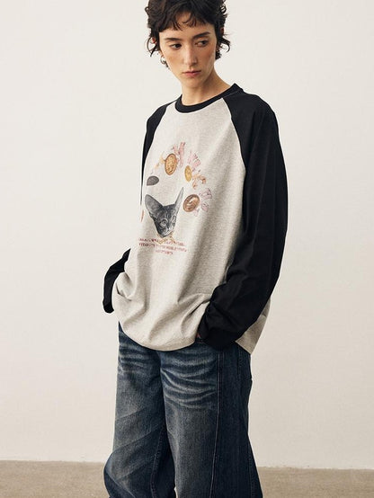 DIDDI MODA Cat Print Contrast Raglan Sleeve Cotton Women&