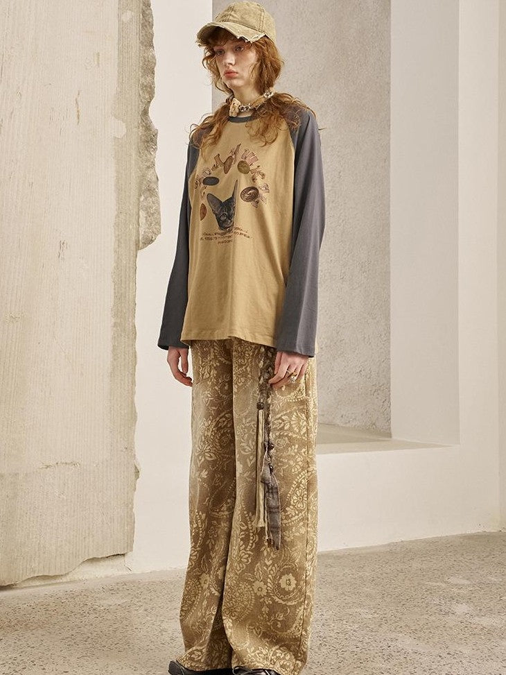 DIDDI MODA Cat Print Contrast Raglan Sleeve Cotton Women&