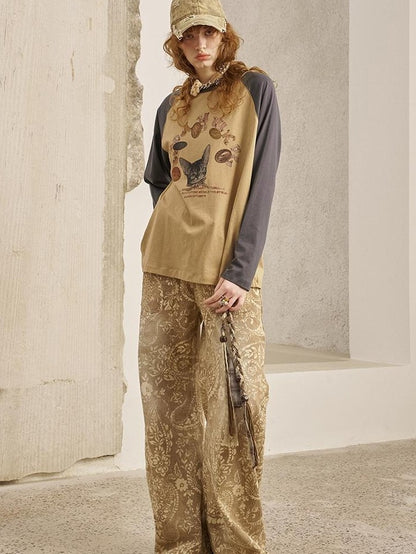 DIDDI MODA Cat Print Contrast Raglan Sleeve Cotton Women&