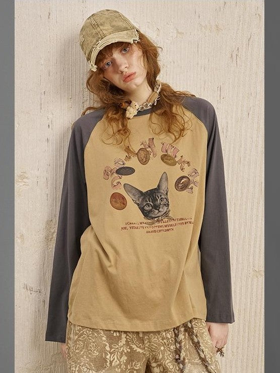 DIDDI MODA Cat Print Contrast Raglan Sleeve Cotton Women&