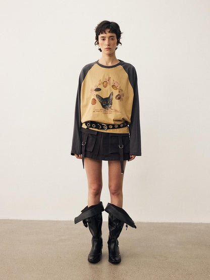 DIDDI MODA Cat Print Contrast Raglan Sleeve Cotton Women&