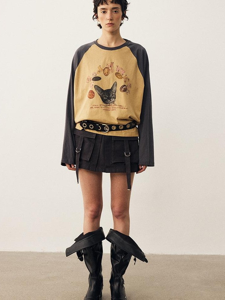 DIDDI MODA Cat Print Contrast Raglan Sleeve Cotton Women&