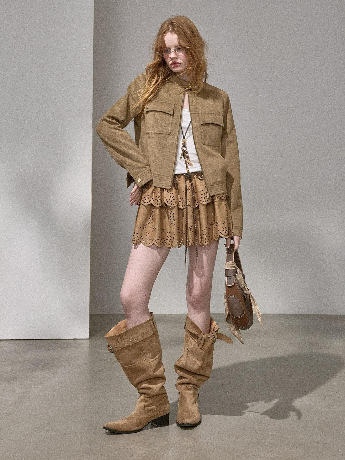 DIDDI MODA Chestnut Knit Jacket And Khaki Skirt Women&
