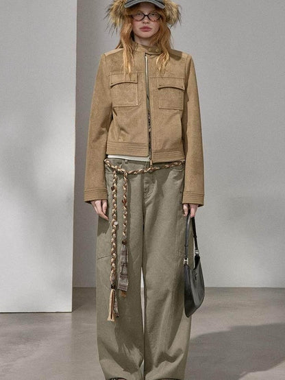 DIDDI MODA Chestnut Knit Jacket And Khaki Skirt Women&