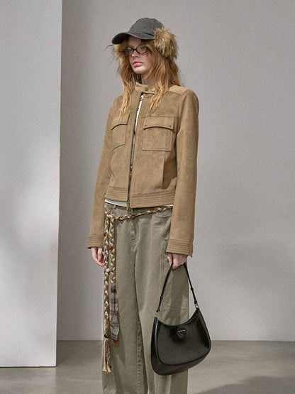 DIDDI MODA Chestnut Knit Jacket And Khaki Skirt Women&