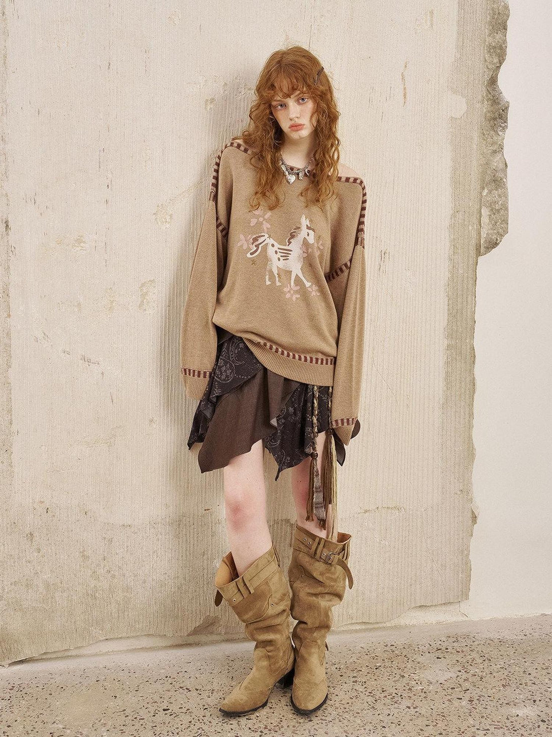 DIDDI MODA Chestnut Knit Jacket And Khaki Skirt Women&