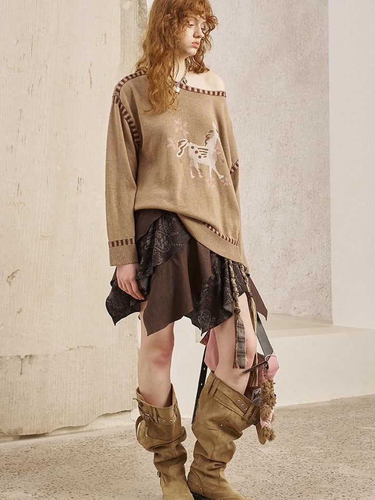 DIDDI MODA Chestnut Knit Jacket And Khaki Skirt Women&