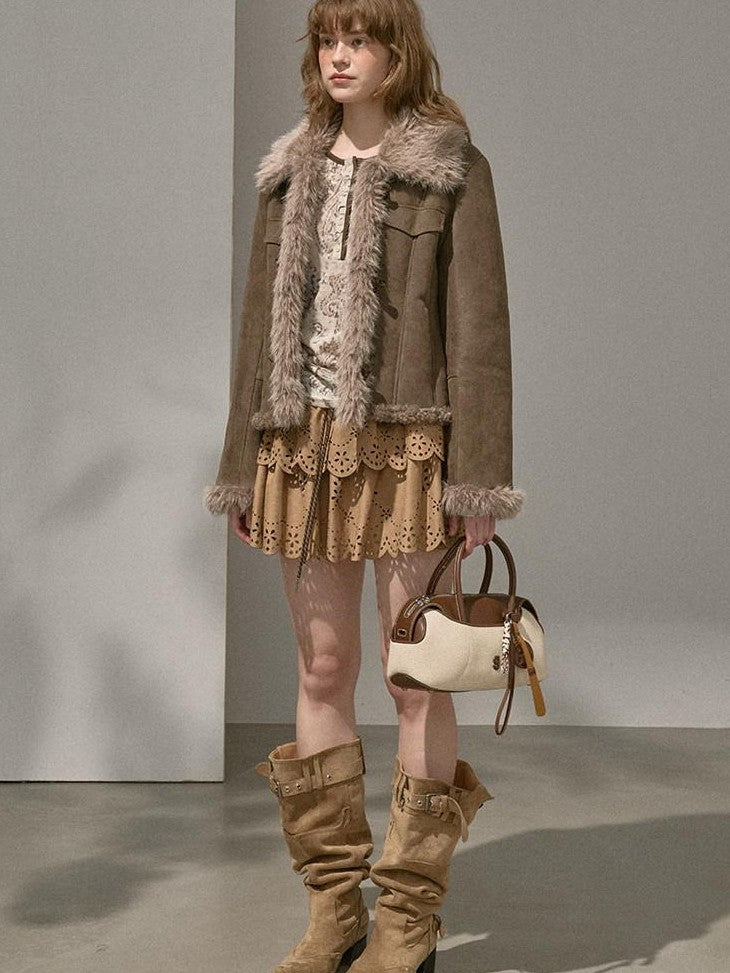 DIDDI MODA Chestnut Knit Jacket And Khaki Skirt Women&