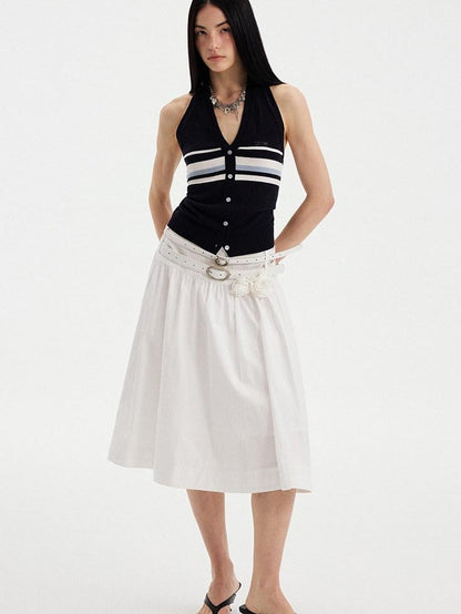 DIDDI MODA Cloud White 3d Floral Wide Waistband Puff A Line Women&