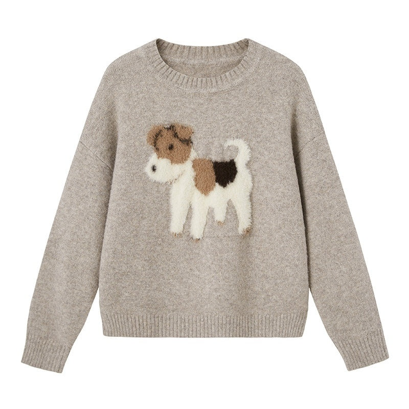 DIDDI_MODA_Cloudlike_Plush_Dog_Jacquard_Round_Neck_Pullover_Women&