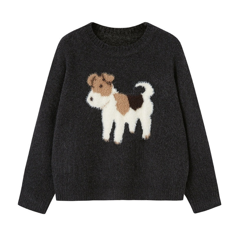 DIDDI_MODA_Cloudlike_Plush_Dog_Jacquard_Round_Neck_Pullover_Women&