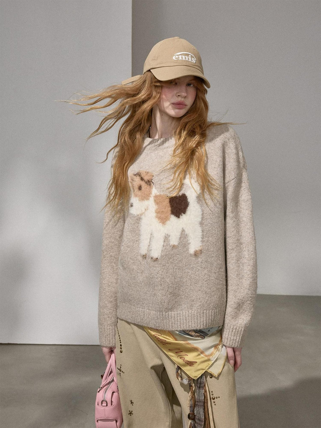 DIDDI MODA Cloudlike Plush Dog Jacquard Round Neck Pullover Women&
