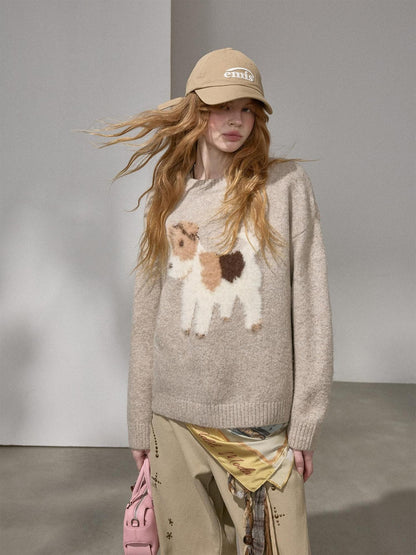 DIDDI MODA Cloudlike Plush Dog Jacquard Round Neck Pullover Women&