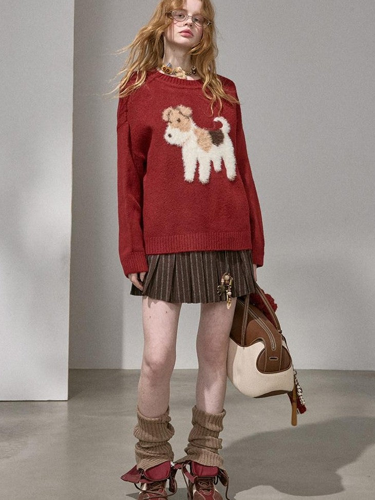 DIDDI MODA Cloudlike Plush Dog Jacquard Round Neck Pullover Women&