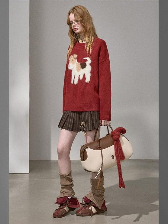 DIDDI MODA Cloudlike Plush Dog Jacquard Round Neck Pullover Women&
