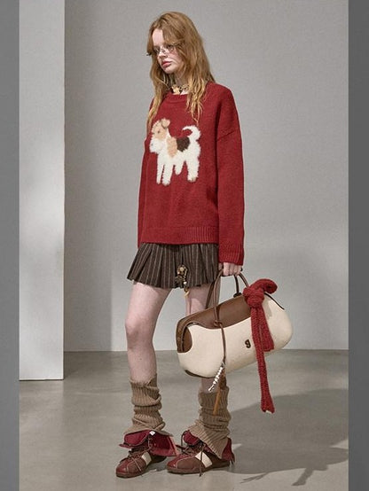 DIDDI MODA Cloudlike Plush Dog Jacquard Round Neck Pullover Women&