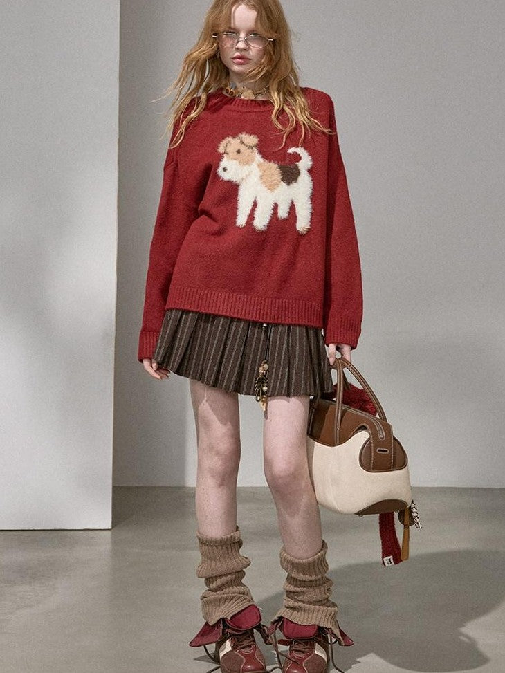 DIDDI MODA Cloudlike Plush Dog Jacquard Round Neck Pullover Women&