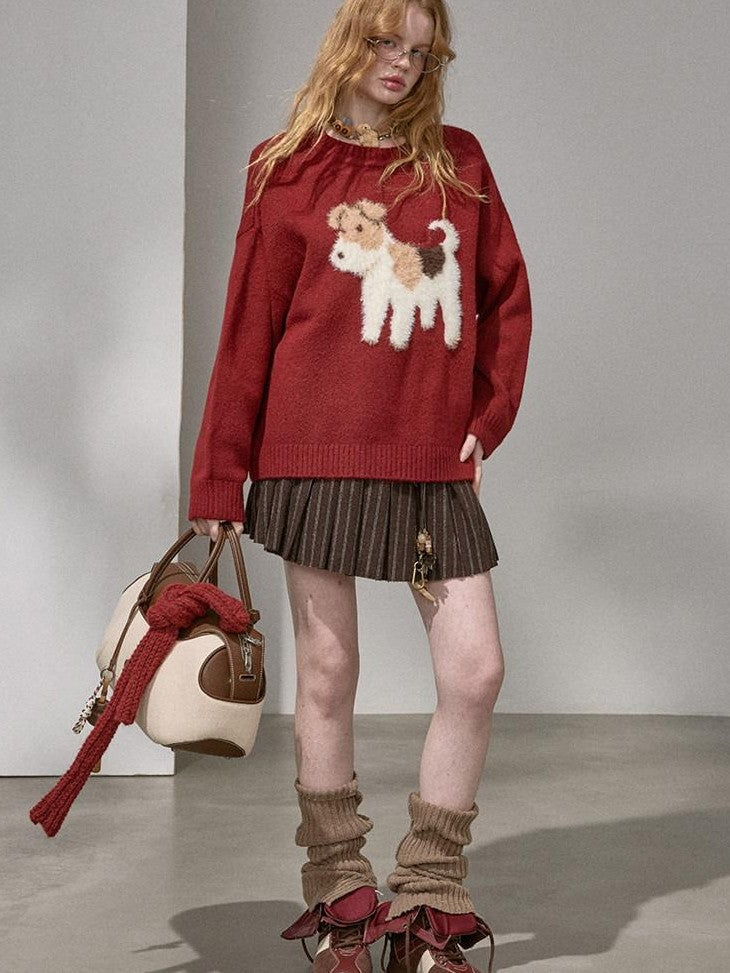 DIDDI MODA Cloudlike Plush Dog Jacquard Round Neck Pullover Women&
