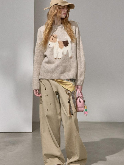DIDDI MODA Cloudlike Plush Dog Jacquard Round Neck Pullover Women&