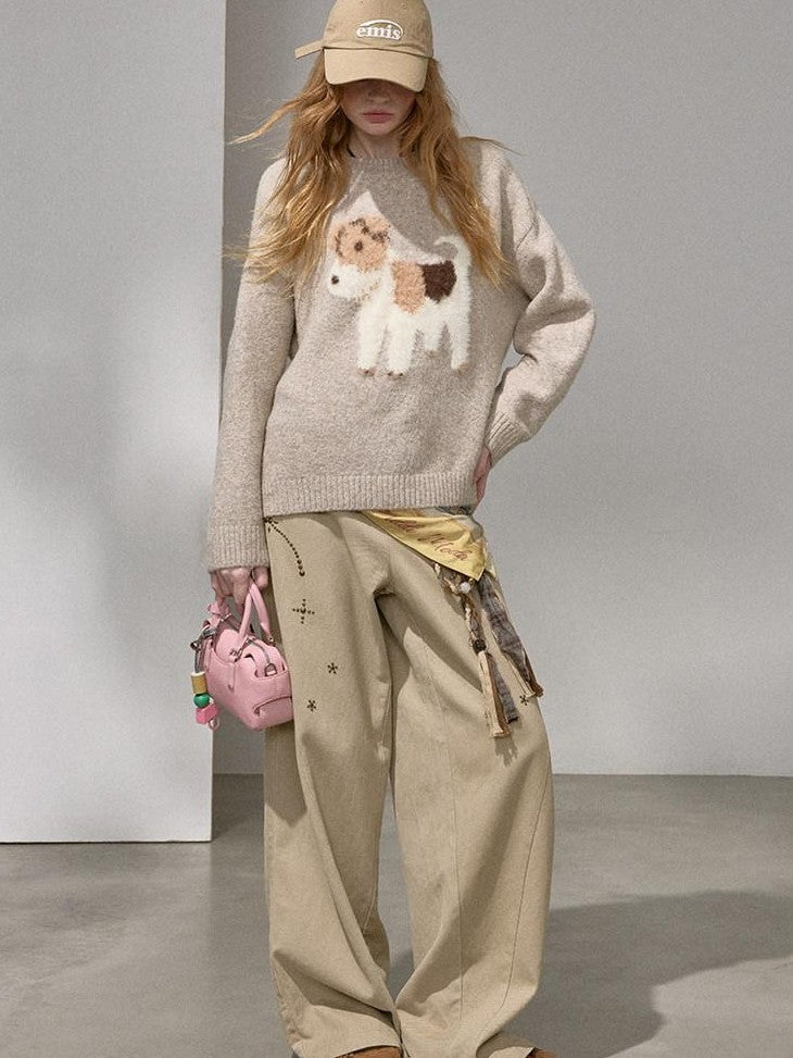 DIDDI MODA Cloudlike Plush Dog Jacquard Round Neck Pullover Women&