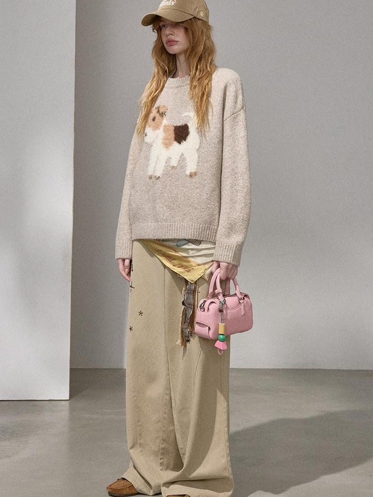 DIDDI MODA Cloudlike Plush Dog Jacquard Round Neck Pullover Women&