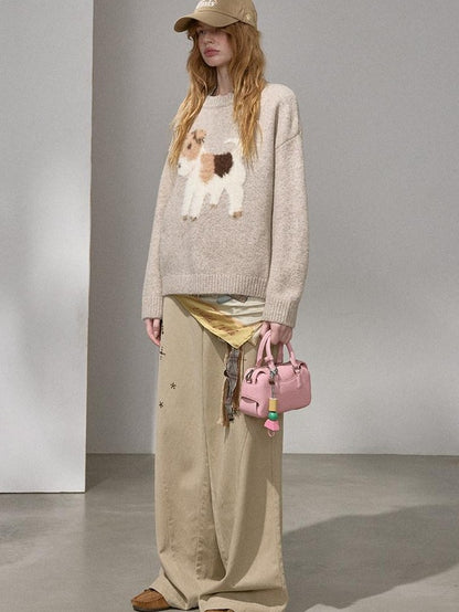 DIDDI MODA Cloudlike Plush Dog Jacquard Round Neck Pullover Women&