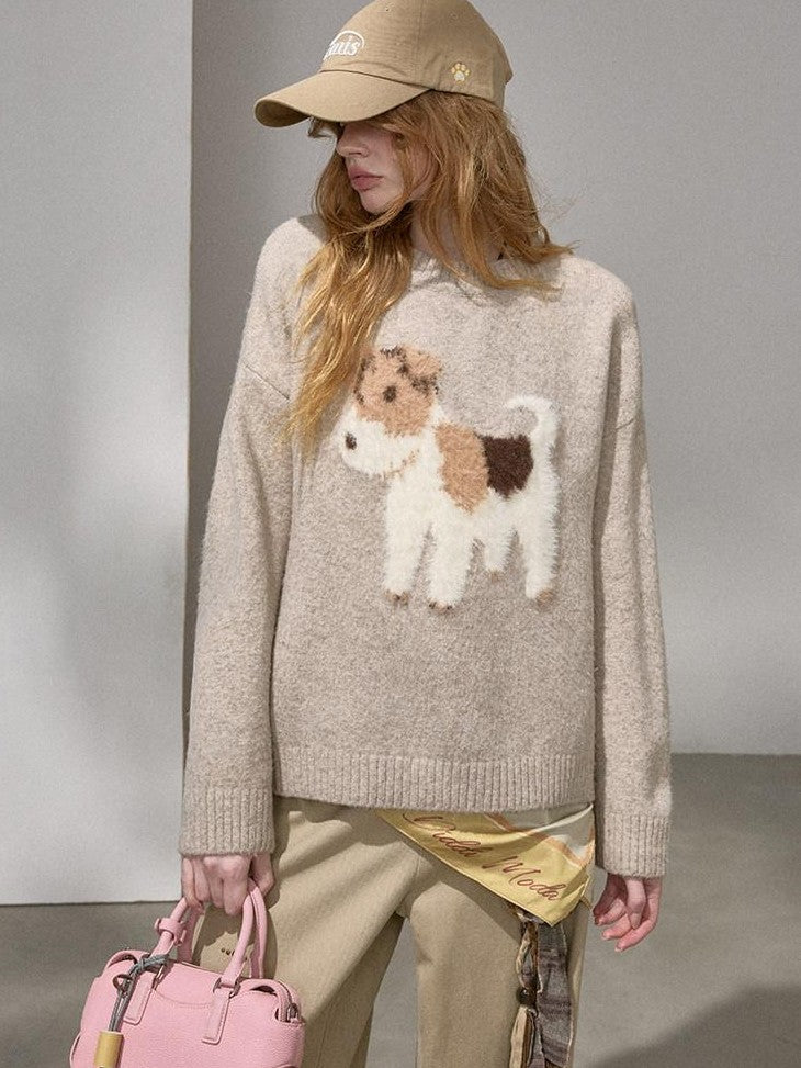 DIDDI MODA Cloudlike Plush Dog Jacquard Round Neck Pullover Women&