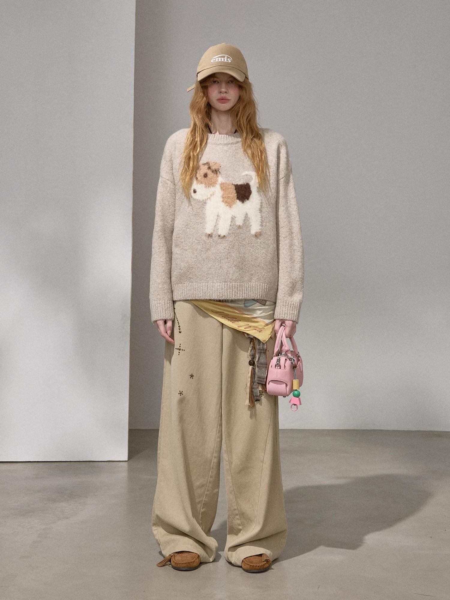 DIDDI MODA Cloudlike Plush Dog Jacquard Round Neck Pullover Women&