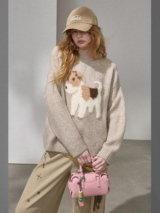DIDDI MODA Cloudlike Plush Dog Jacquard Round Neck Pullover Women&