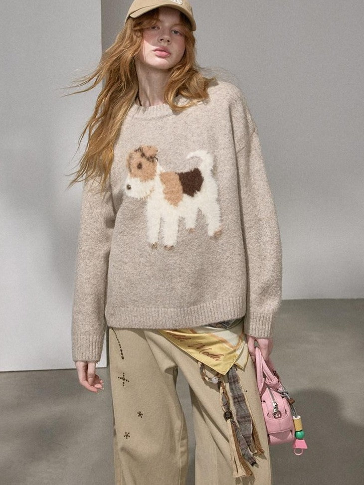 DIDDI MODA Cloudlike Plush Dog Jacquard Round Neck Pullover Women&