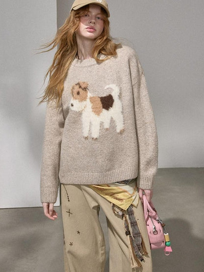 DIDDI MODA Cloudlike Plush Dog Jacquard Round Neck Pullover Women&
