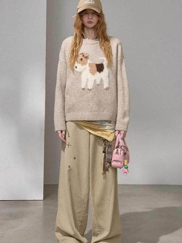 DIDDI MODA Cloudlike Plush Dog Jacquard Round Neck Pullover Women&