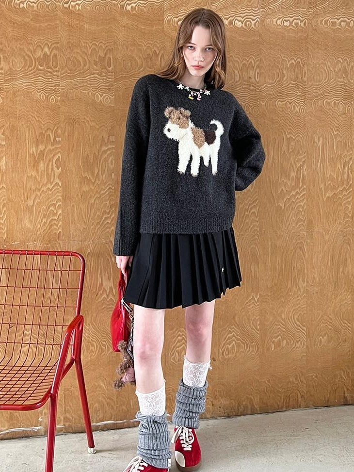DIDDI MODA Cloudlike Plush Dog Jacquard Round Neck Pullover Women&