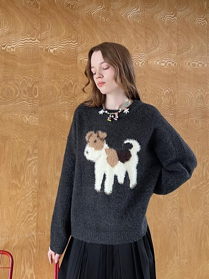 DIDDI MODA Cloudlike Plush Dog Jacquard Round Neck Pullover Women&