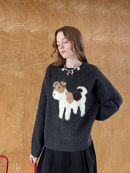 DIDDI MODA Cloudlike Plush Dog Jacquard Round Neck Pullover Women&
