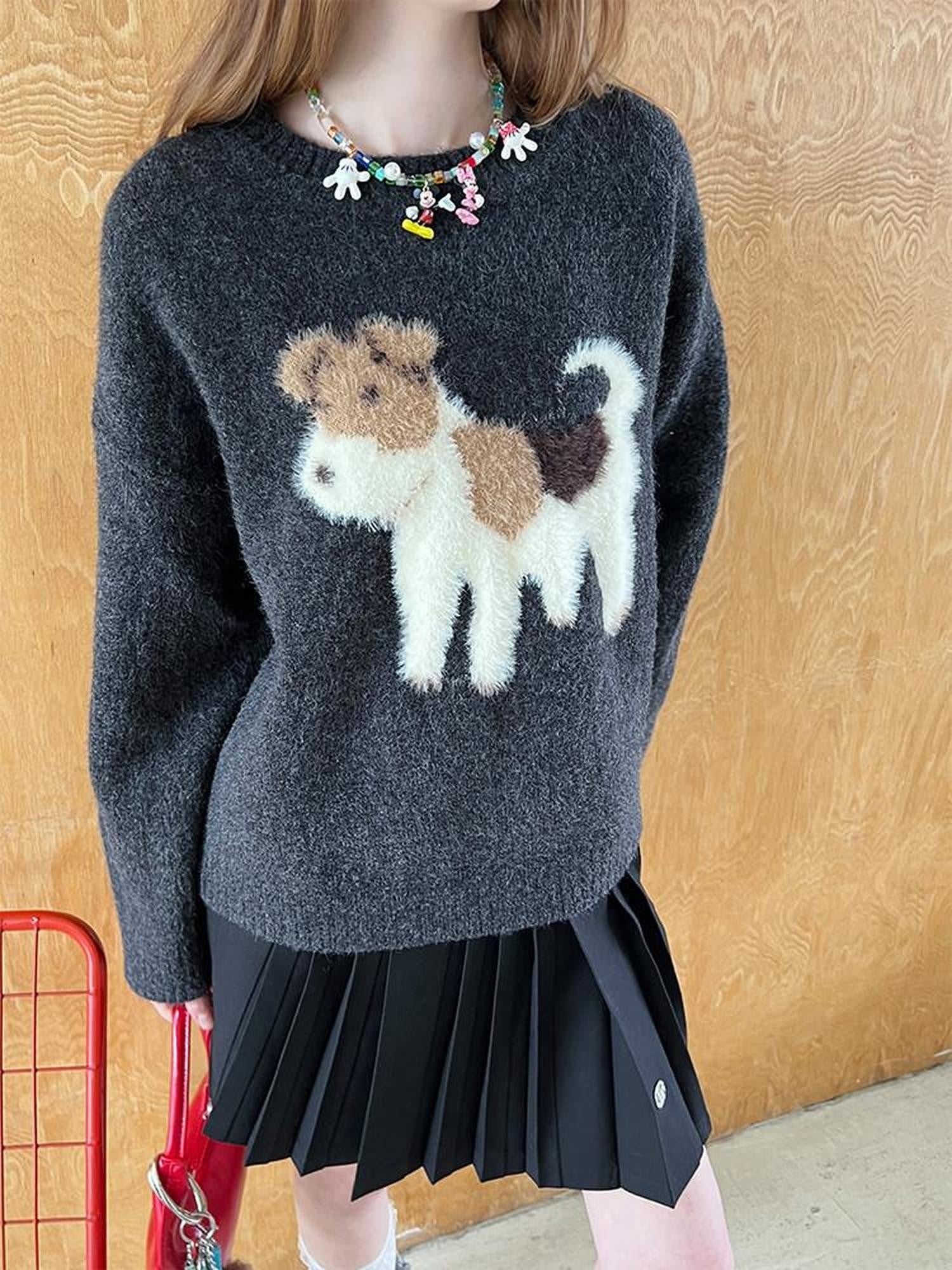 DIDDI MODA Cloudlike Plush Dog Jacquard Round Neck Pullover Women&