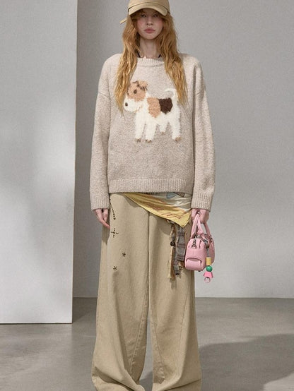 DIDDI MODA Cloudlike Plush Dog Jacquard Round Neck Pullover Women&