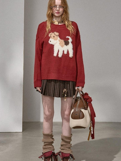 DIDDI MODA Cloudlike Plush Dog Jacquard Round Neck Pullover Women&