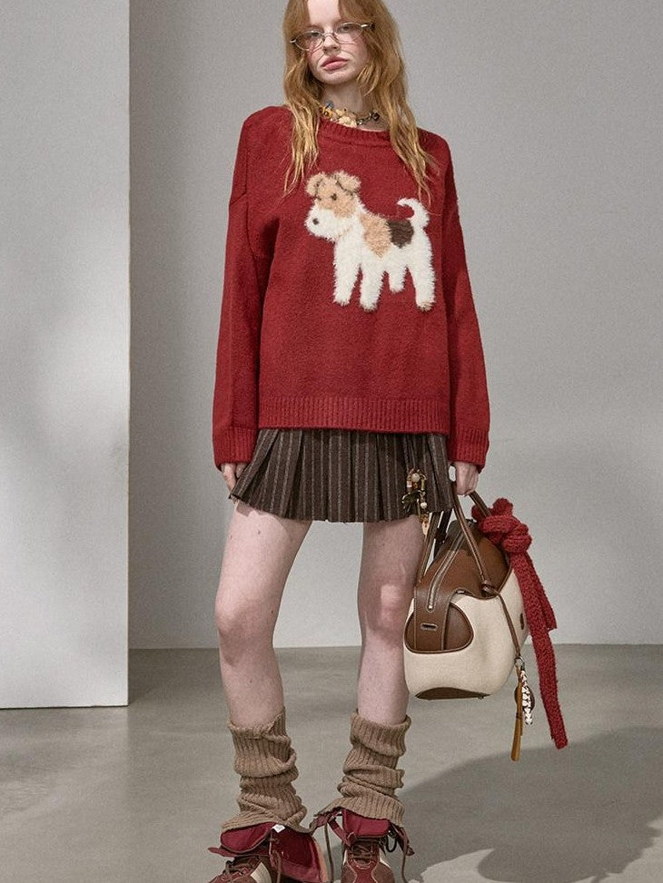 DIDDI MODA Cloudlike Plush Dog Jacquard Round Neck Pullover Women&